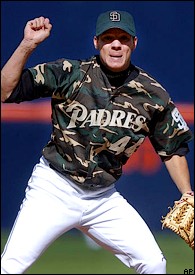 The Padres are wearing the ugliest unis I have ever seen. Camo tops with  yellow gear, a bright white ad patch, and their brown helmets. Is there a  more disgusting uniform out