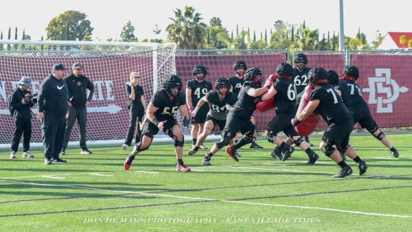 Ryan Lindley and Mike Schmidt at SDSU's practice. Lindley credited Schmidt with helping him in his new role as a tight end coach. (Don De Mars/EVT)